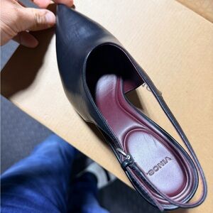 Vince Black Leather Pointed Slingback Pump with Burgundy Insole